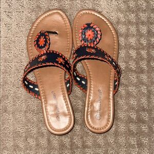 Embroidered Leather Sandals - Brown and Orange